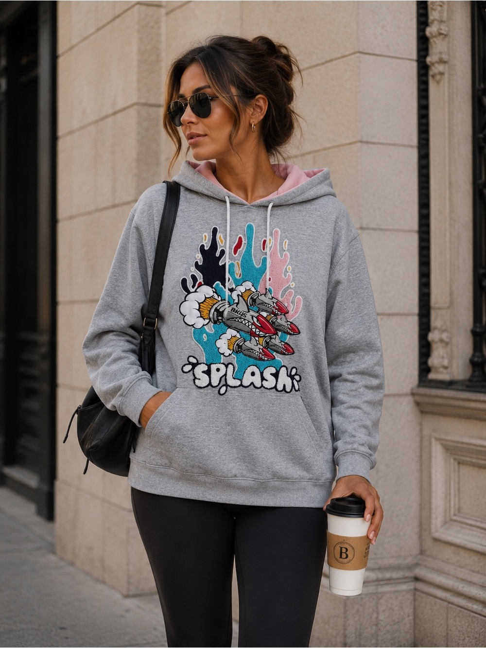 BKYS Splash Graphic Hoodie Gray Pink Size L 100% Cotton Embroidered Streetwear